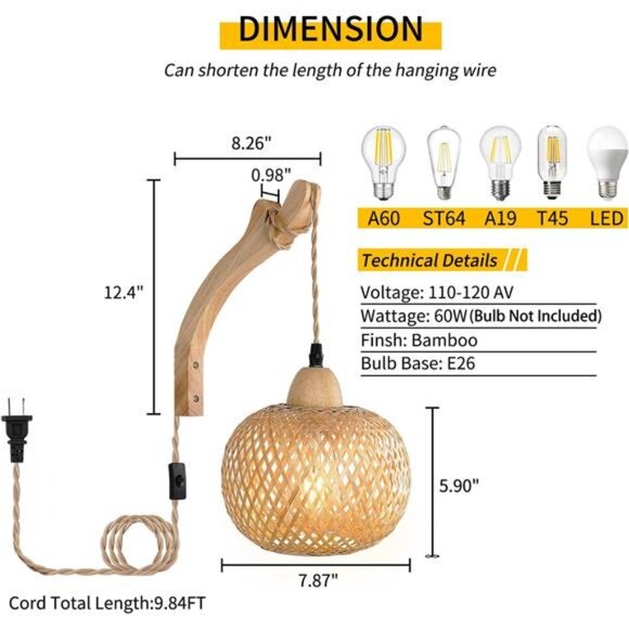 Bamboo Lantern Plug in Wall Sconces Wicker Wall Lamp with Plugin Cord Hand Woven - Picture 4 of 7